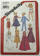 80s Simplicity Pattern 6363 Fashion Dolls 11.5" Wardrobe Dress Gown Barbie FF