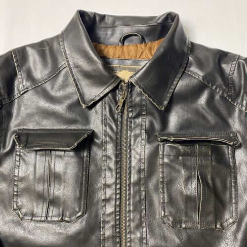 Arizona Jeans Men's Medium Black PVC Leather Biker Motorcycle Zipper Jacket Coat - Picture 10 of 15