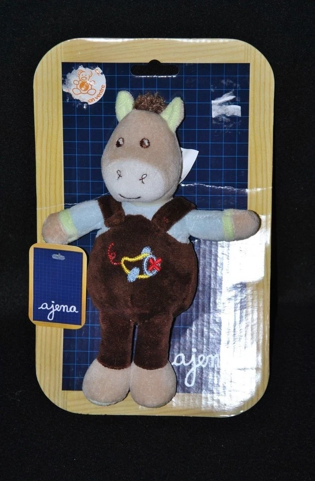 Peluche doudou âne cheval bleu AJENA salopette brun avion brodé 21 cm 100% NEUF - Photo 1/1
