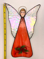 Vtg Handcrafted Stained Art Glass Angel w/Christmas Holly Suncatcher Hanging 10  