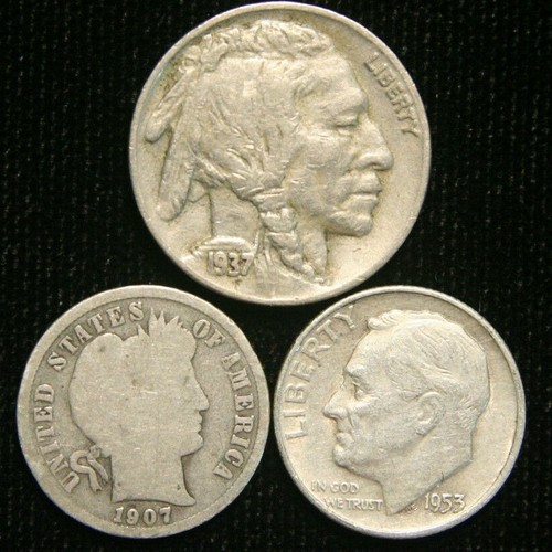 Old US Coin Estate Lot Barber Dime Buffalo Nickel Rosevelt Dime 3 Coin Set