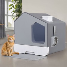 Enclosed Cat Litter Box Kitty Toilet Front Entry with Scoop and Mat Grey