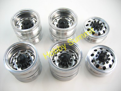 A Set  1/14 R/C  3-Axle 6X4 Tractor Truck  ALLOY WHEELS  BLACK  Rims re Tamiya 