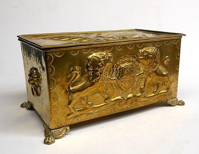 Vintage Brass Humidor Tin Lined Double Headed Eagle Embossed Heraldic Lions