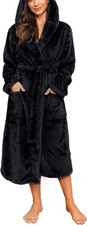 Hooded Fleece Plush Robe Bathrobe Spa Midi Length Size S/M Loungewear Cozy NEW