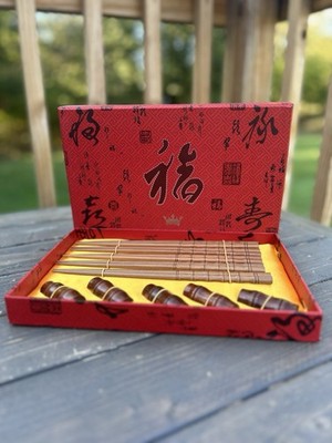 SET 5 Pairs Chopsticks/Rests/Gift Box Wood Pyrograph Carved New In Box