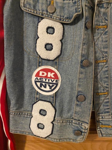 Vintage 90s DKNY Denim Jacket Hip Hop Embroidered Red Sleeves Crop - Picture 2 of 9