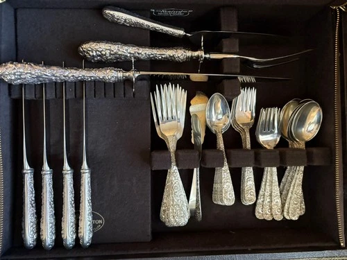 Repousse sterling silver flatware by Kirk Stieff- 12 settings w/ serving pieces
