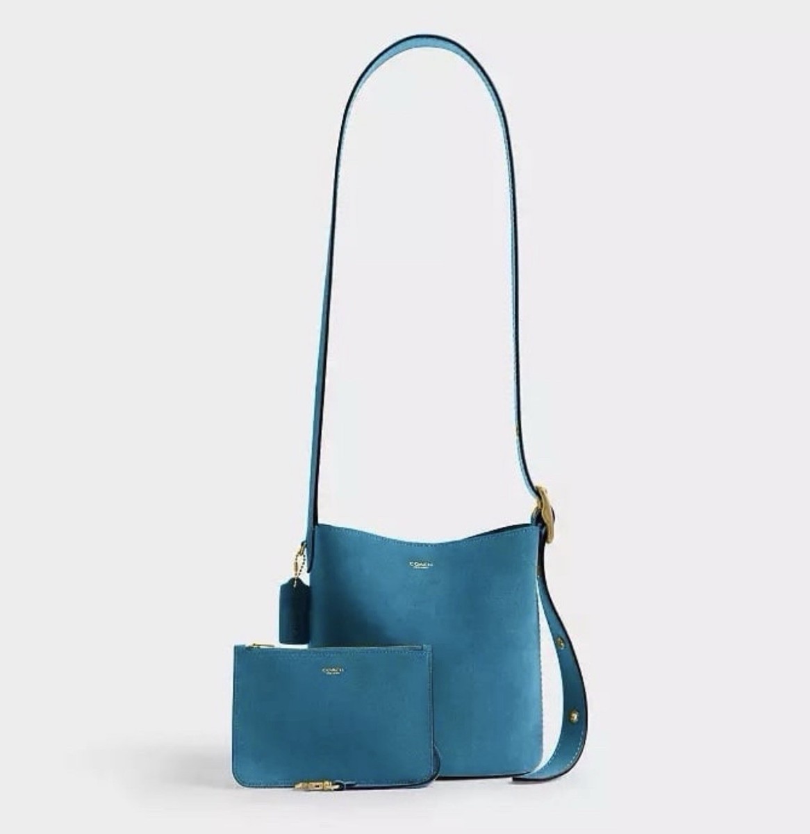 Coach Bleecker Bucket Bag 21 & Wristlet Pouch in Dark Brass/Sea