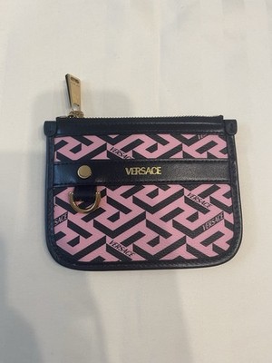 Versace Greca Coated Canvas Leather Pink/Black Zip Card Holder NIB/NWT $900+