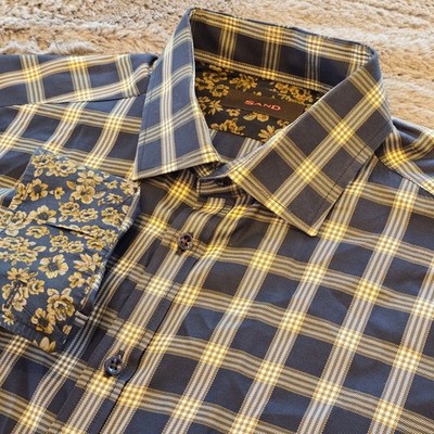 Sand Copenhagen Mens Plaid Button Up Shirt Navy Gold Floral Contrast Size 41 L
