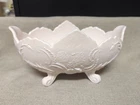 Vintage Mid Century Jeanette Pink Milk Glass Ornate Footed Oval Bowl 1950s