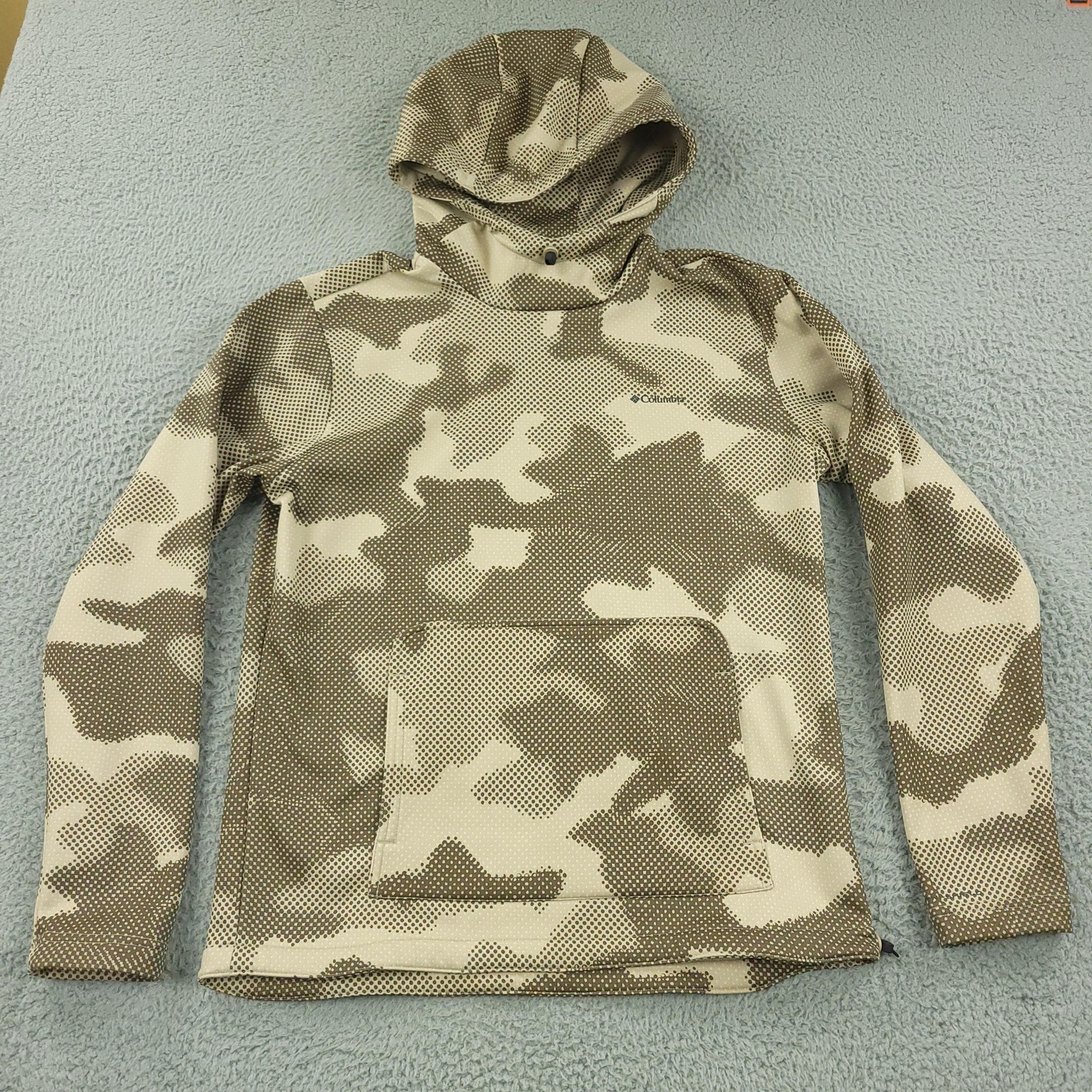 Columbia Hoodie Mens Medium Beige Camo Fleece Pullover Kangaroo Pocket Outdoor