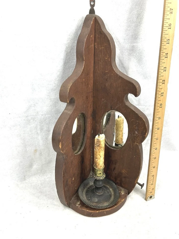 antique candle shelf w/mirror tin candle stick primitive early 1800s rare OOAK - Image 2 of 4