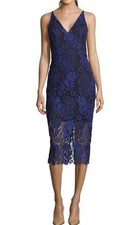 Xscape Women's Royal Blue Black Embroidered Lace Sheath Midi Dress Size 10 NEW