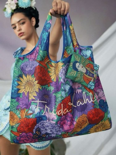 Frida Kahlo Tote Floral Women Handbag Shopping Carry Bag Blue Large Rare US - Picture 5 of 8