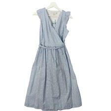 LOFT Womens XXSP Blue White Striped Floral Eyelet Ruffle Midi Wrap Dress Twee