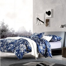 Eastern Floral Chinoiserie Blossom Print Duvet Quilt Cover Navy Blue Tan Whit...