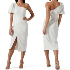 ASTR The Label Joelle Midi Dress S White One Shoulder Puff Sleeve Elegant Formal