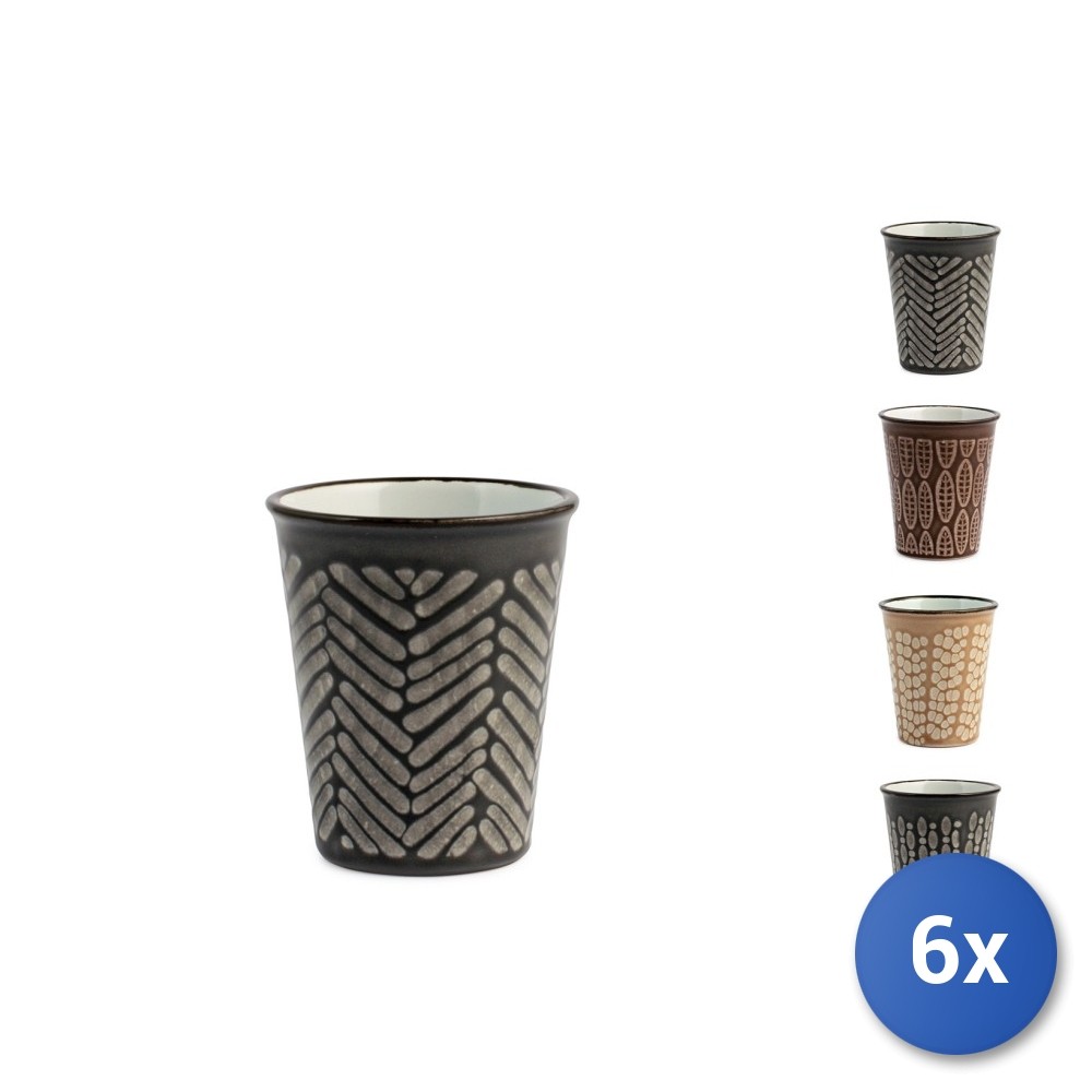 6X H&H Ethnic Stoneware Cups Brown Assorted Designs Cc100