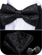 Paisley Striped Bow Tie for Men Silk Pre-Tied Bowtie Pocket Square Cufflinks Set