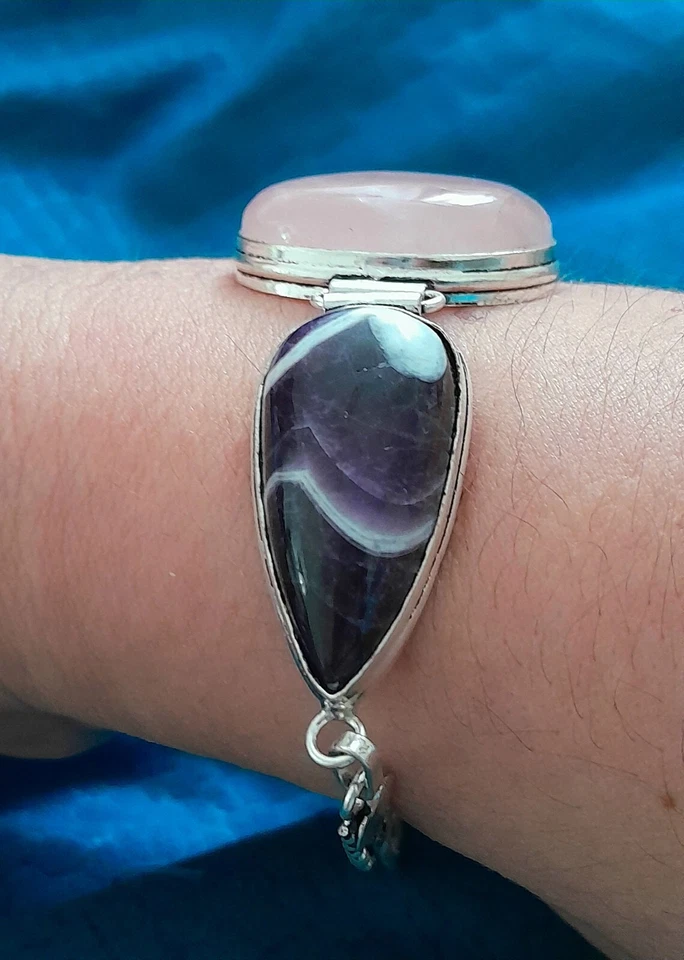 BRACCIALE DONNA ARGENTO MASSICCIO 925, AMETISTA E QUARZO ROSA NATURALI CABOCHON - Immagine 4 di 4