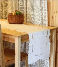 Elegant Flower Button Hole Embroidery Hemstitch White Cotton Table Runner