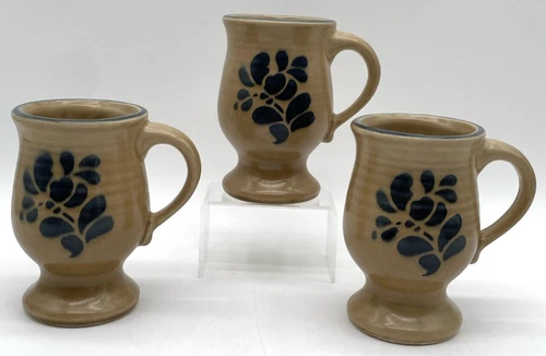 Vintage Pfaltzgraff Folk Art Tall Handled Stoneware Mugs Set Of 3 Cottage Core