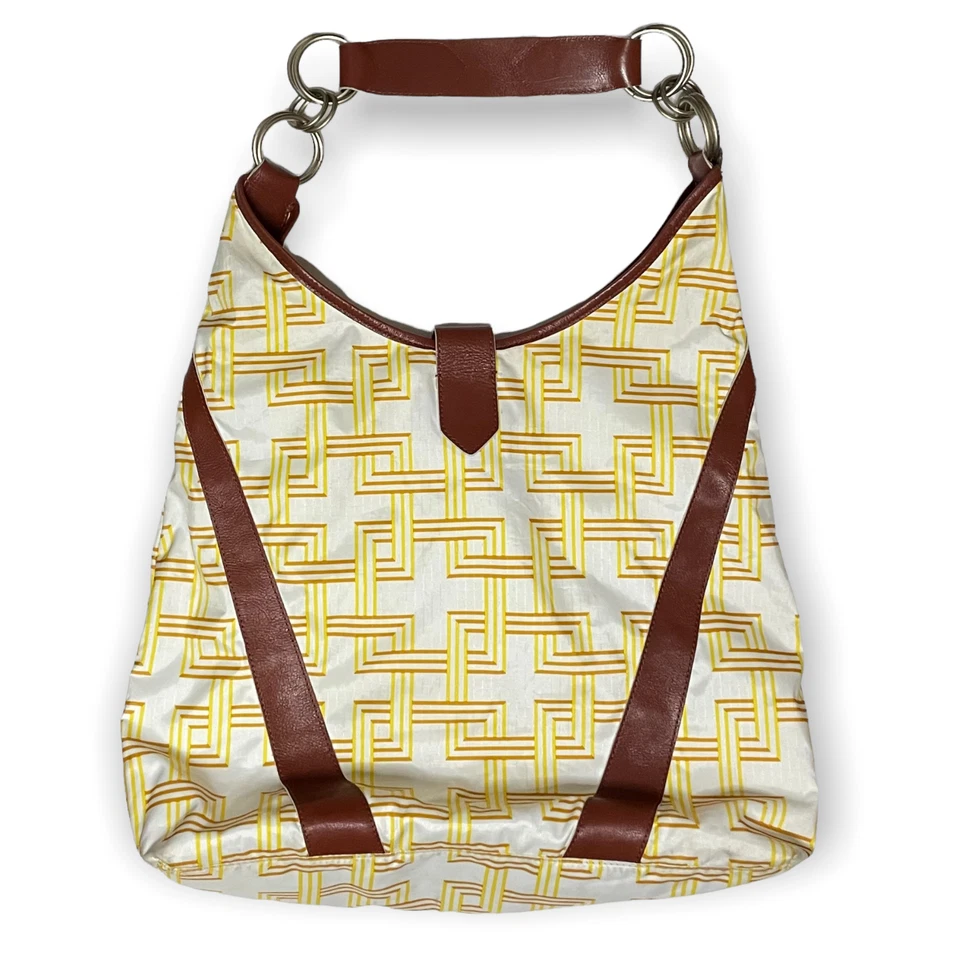 Bolso Hobo LeSportsac Amarillo, Blanco y Marrón Nylon con Borde de Cuero Sintético, Raro Foto 2 de 4