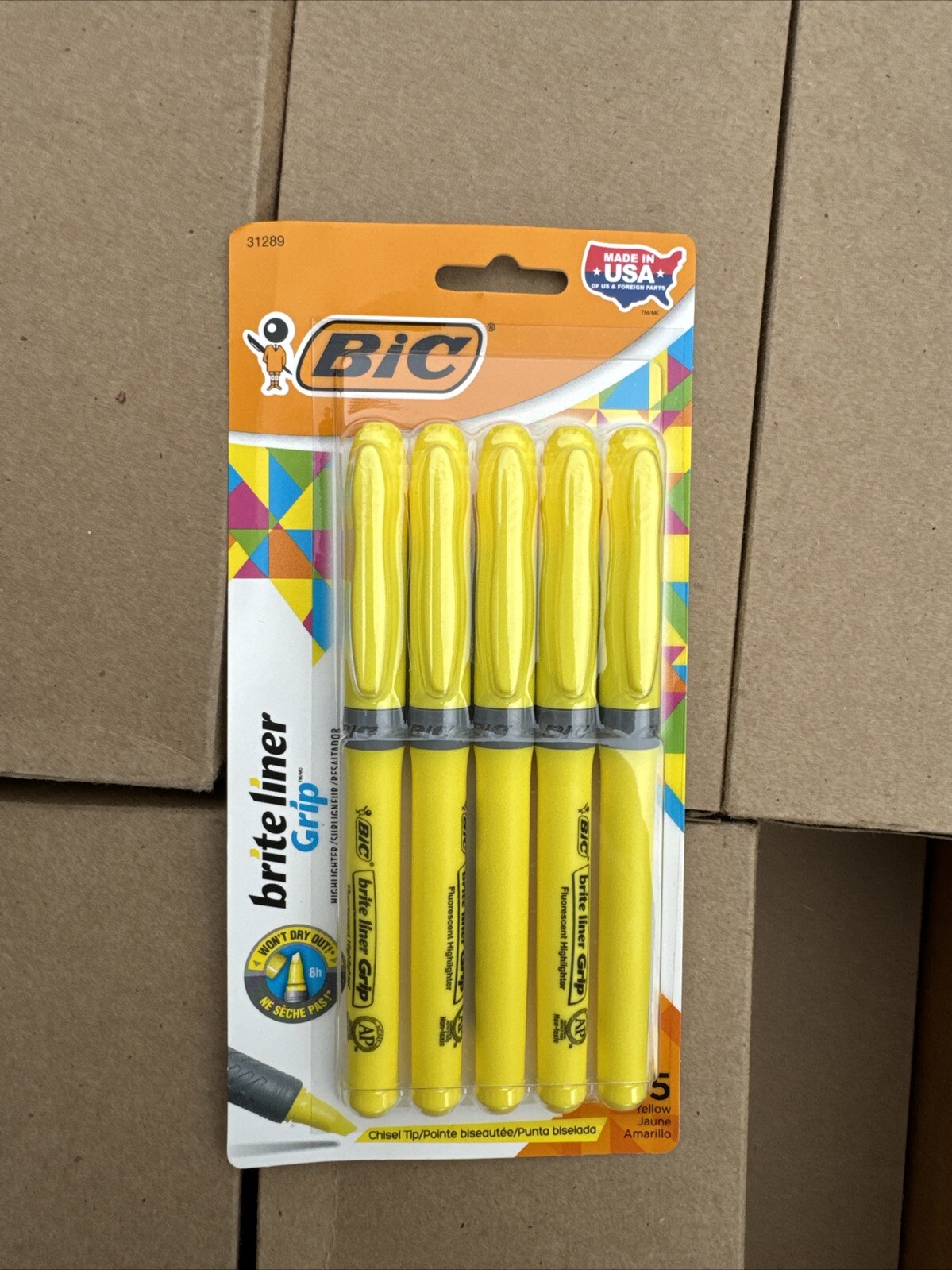 BIC Brite Liner Grip Highlighter, Yellow, 5-Pack NEW Free Sh