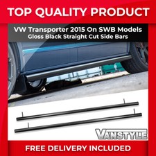 FOR VW T6 T6.1 TRANSPORTER 15> SWB 60MM STRAIGHT CUT GLOSS BLACK STEEL SIDE BARS