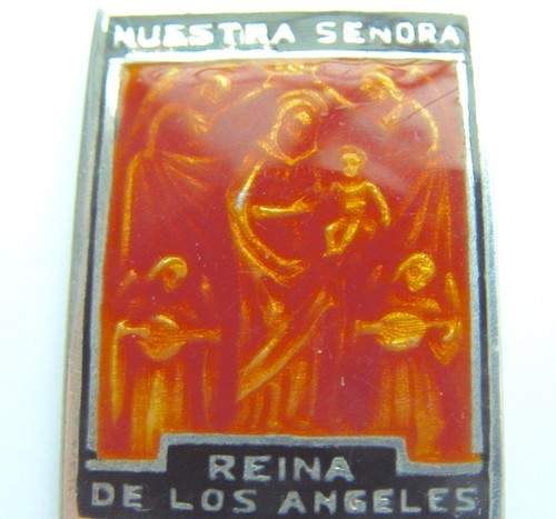NUESTRA SENORA REINA DE LOS ANGELES STERLING SILVER ENAMEL MEDAL & CHAIN ANGELS - Picture 4 of 7
