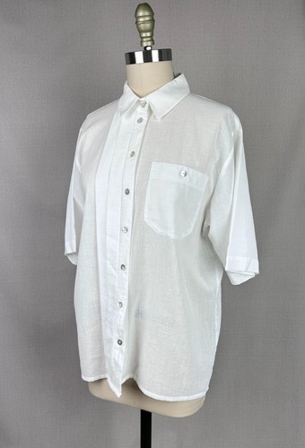White Cotton Gauze Button Front, Short Sleeve Blouse by Geiger, Sz 38 - Picture 7 of 9
