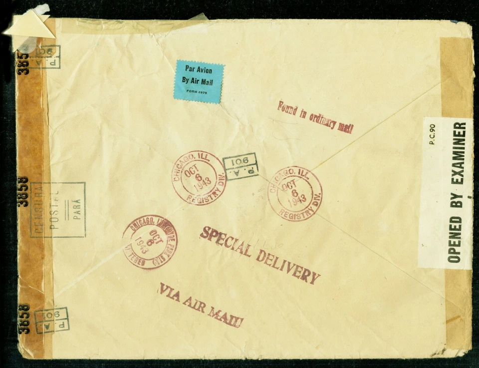 1943 Brasil Reg Air Cubierta Sao Luis a EE. UU. Entrega especial doble censura Segunda Guerra Mundial Foto 4 de 4