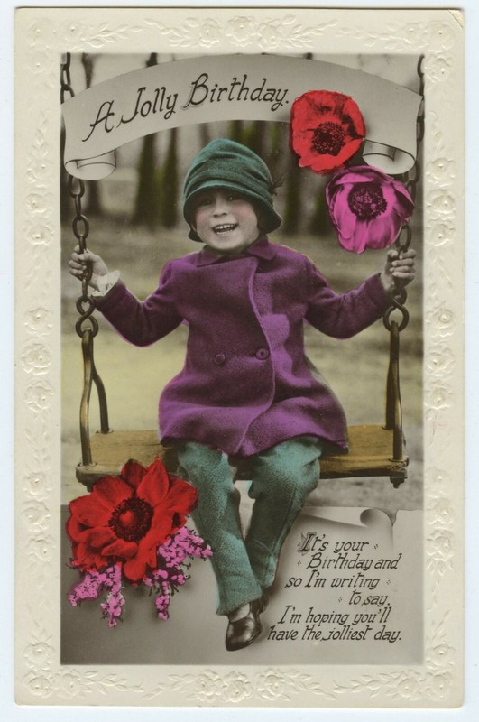 Jolly Birthday Swing - To Grandma 1932 With Love John Color  pc  RPPC