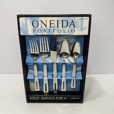 NEW 20 Pc Oneida CIRCUIT 18/0 Stainless Flatware Set Glossy/Satin Line Pierced