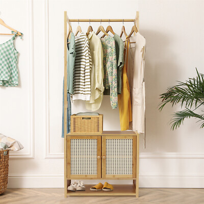 Natural Bamboo Clothing Rack with Storage Shelf Garment Rack Organizer Wardrobe
