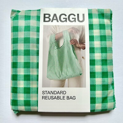 NEW! Baggu STANDARD BAG in  GREEN GINGHAM  Washable Recyc. Nylon SOLD OUT + RARE