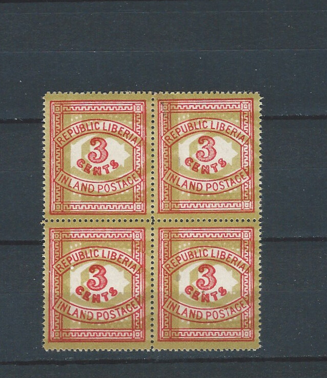 Liberia mnh stamp in blk/4 - 3 cents inland postage - VARIETY