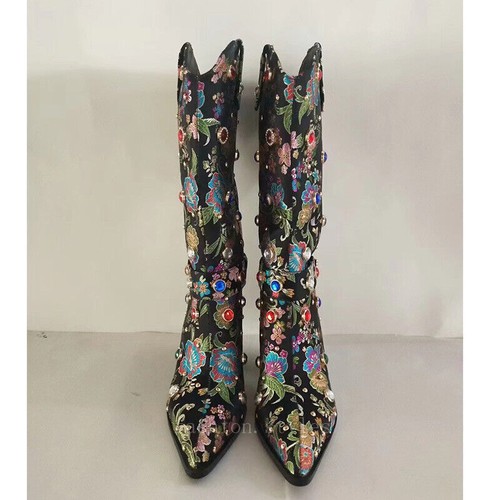 Women's Pointed Toe Side Zipper Embroidered Rhinestone Leather Plus Size Boots - Picture 8 of 30