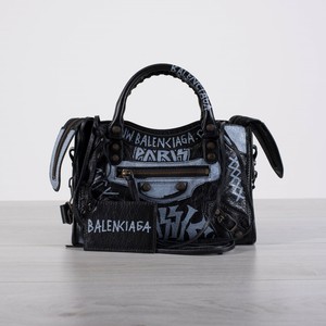 BALENCIAGA-1935-Classic-Mini-City-Bag-In-Black-Leather-With-White-Graffiti