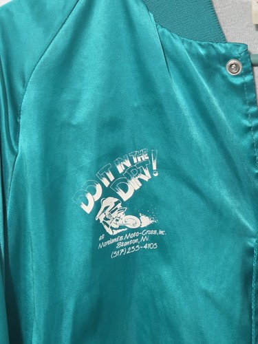 Vintage 1990s Teal Neon Moto Racing Satin Bomber Jacket Men's Size Large - Picture 13 of 13