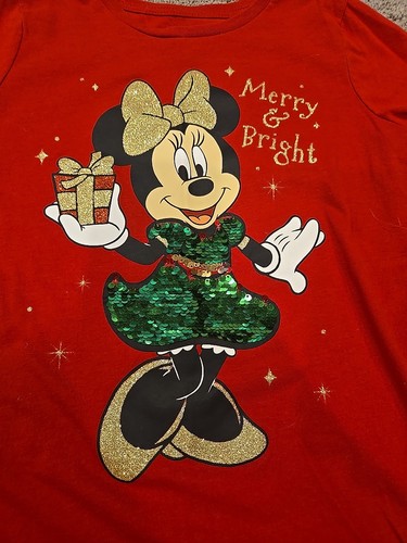 Kids Girls Disney Red Tee Minnie Mouse Size L (10-12) Christmas Glitter Sequins - Picture 2 of 9