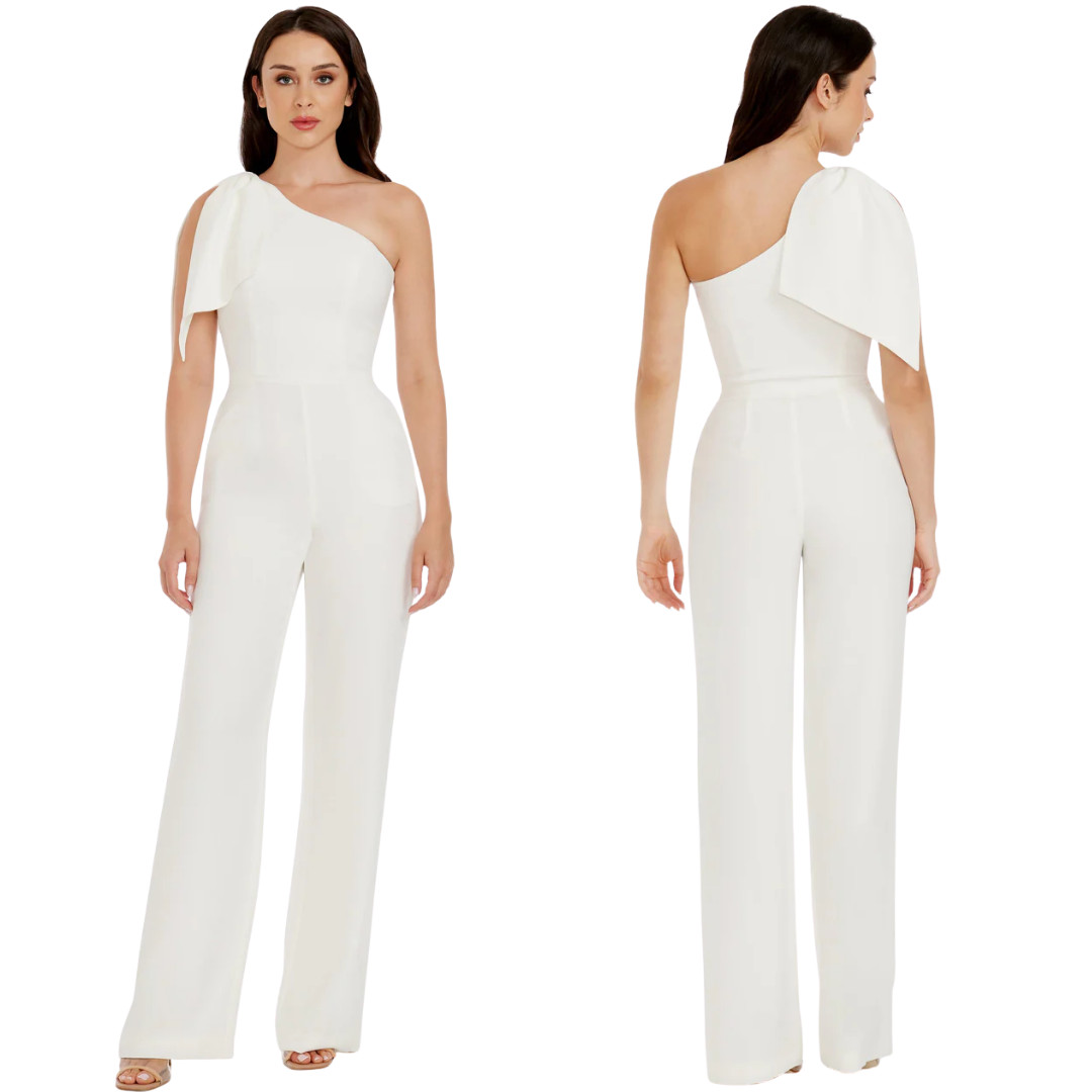 Dress the Population Tiffany One-Shoulder Jumpsuit Women's XXL Off White Bow NWT