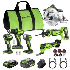Greenworks 24V Power Tool Set, 6 Tools with 4Ah+2Ah Battery, 65W USB-C Charger