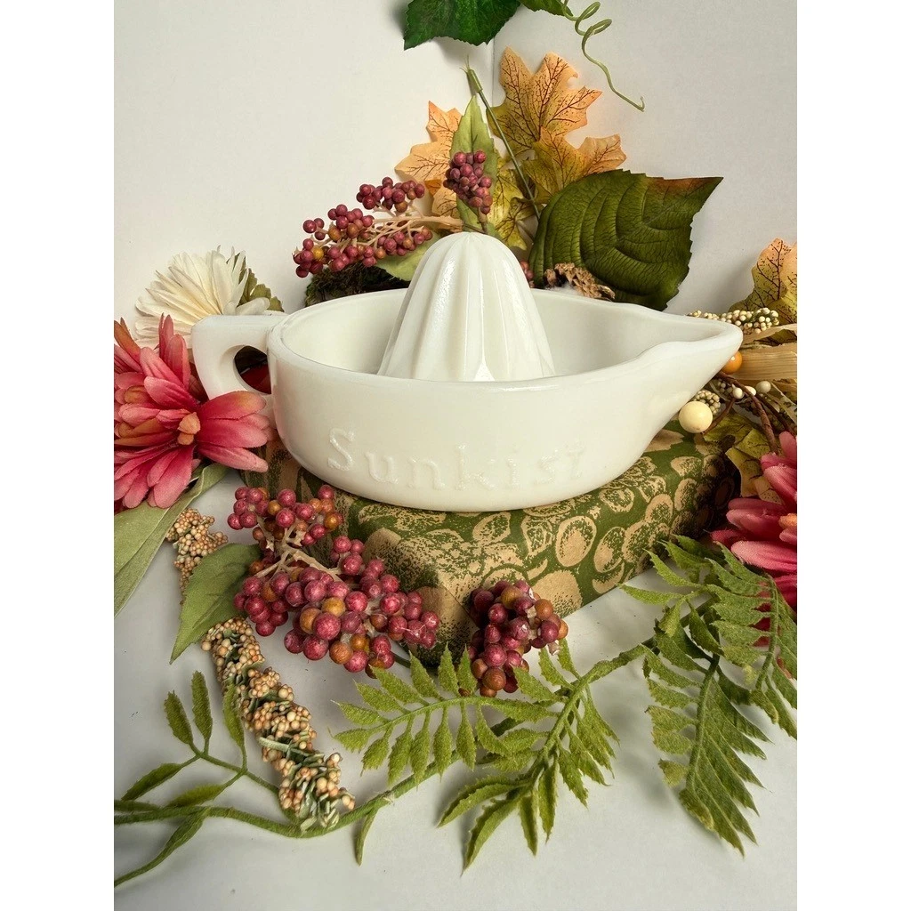 Vintage Sunkist Milk Glass Citrus Juicer Reamer White Embossed Kitchenware