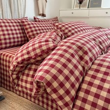 Red Gingham Duvet Cover Set King 100 Washed Cotton Beige Plaid Checkered Duvet