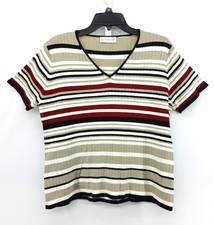 White Stag Sweater Womens Size PL Brown White Red Short Sleeve Ribbed V Neck Top