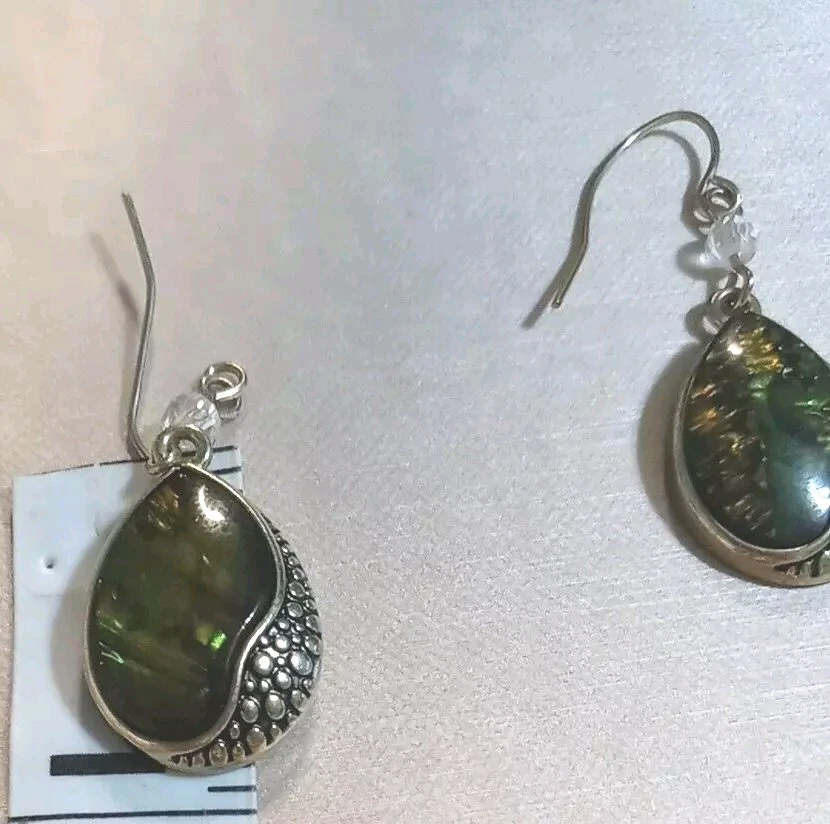 Vintage Earrings Gold Tone Green Abalone Teardrop Dangle Kenneth Cole Signed - Image 4 of 4