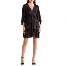 Eliza J Womens Dress Size 4 Black Sequin Tiered V Neck Long Sleeve Cocktail New